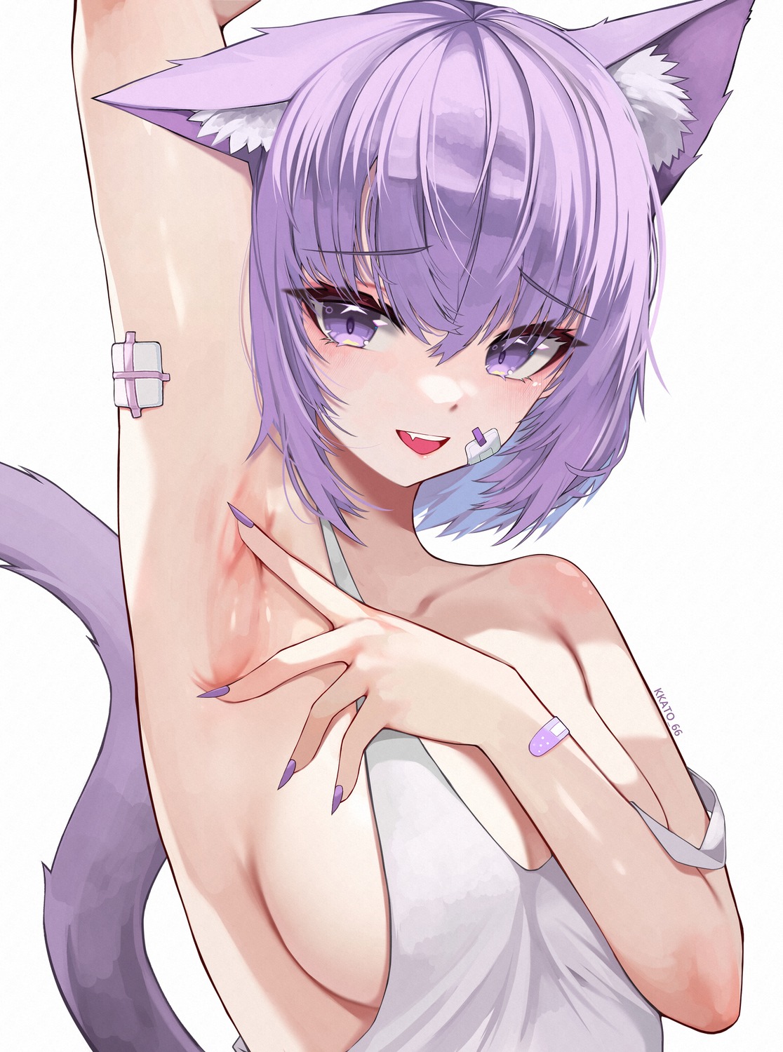 animal_ears bandaid hololive hololive_gamers kkato nekomata_okayu nekomimi no_bra tail