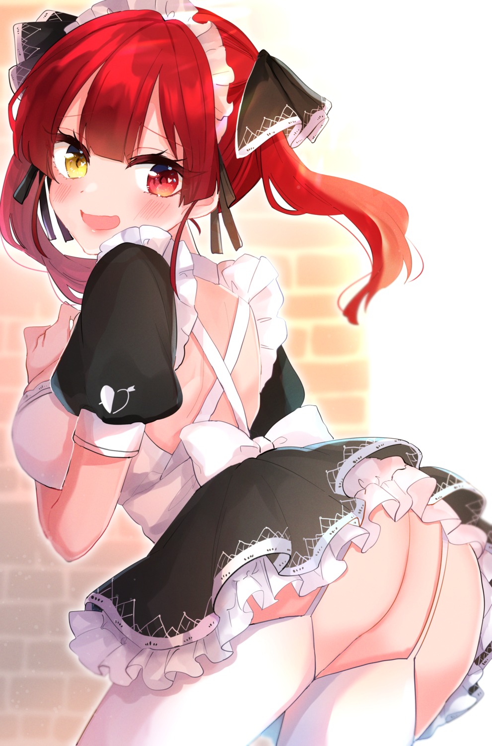 andou_uiro ass heterochromia hololive houshou_marine maid no_bra nopan skirt_lift stockings thighhighs