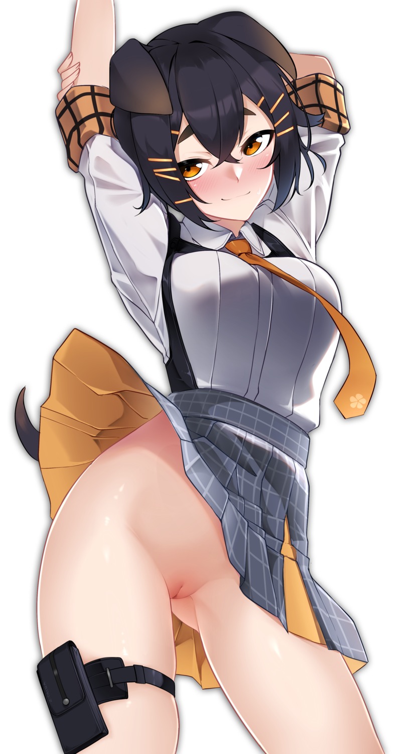 animal_ears arknights garter inumimi jackie_(arknights) nopan pussy seifuku skirt_lift tail uncensored z.taiga