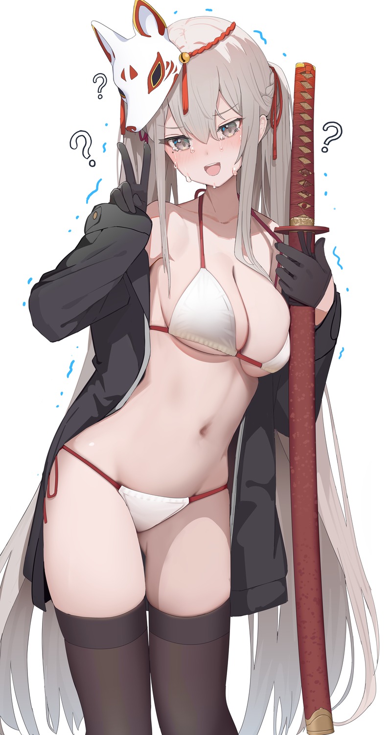 bikini hukahire0120 open_shirt swimsuits sword thighhighs