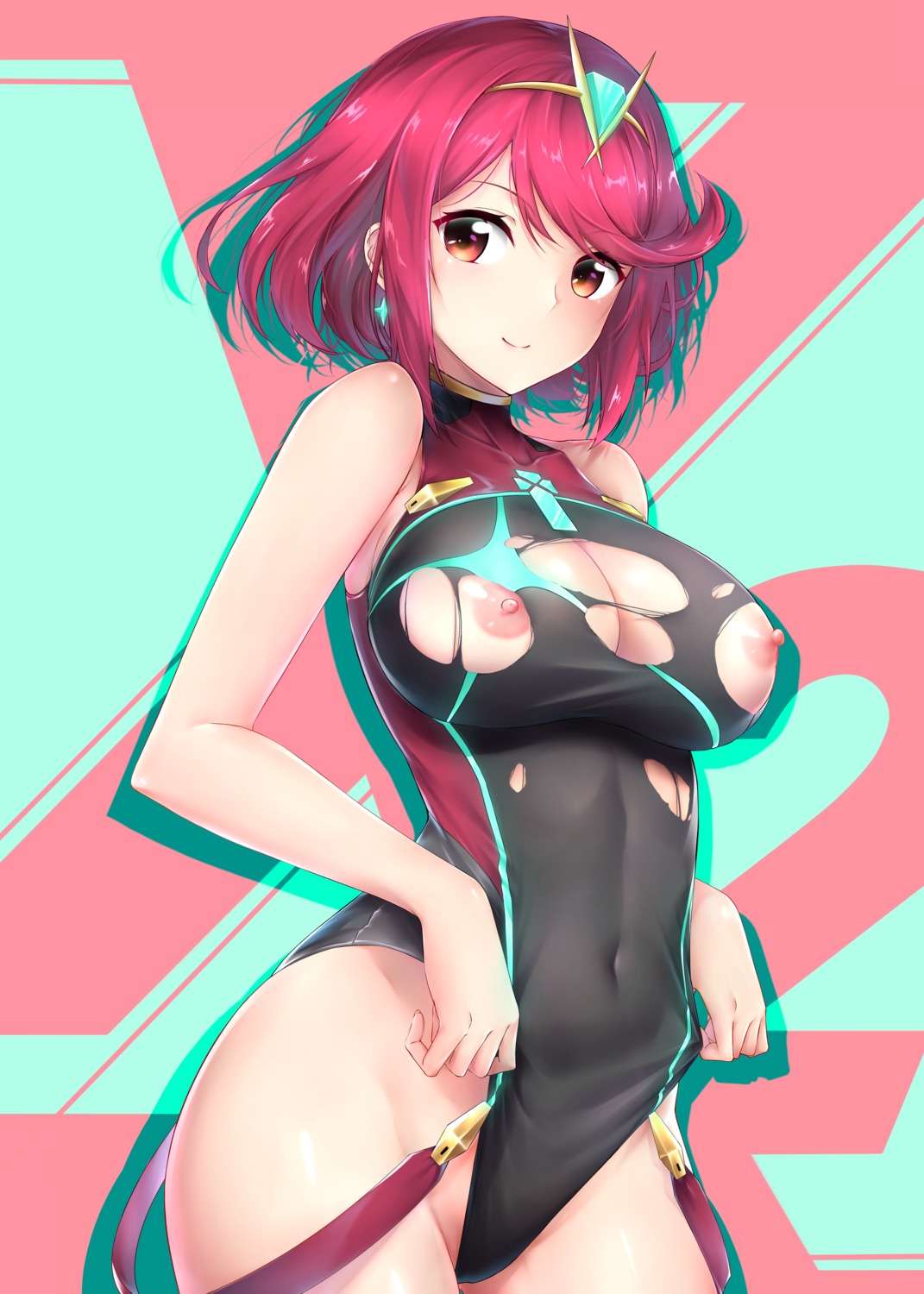 homura_(xenoblade_2) nipples rei_kun swimsuits torn_clothes wardrobe_malfunction xenoblade xenoblade_chronicles_2