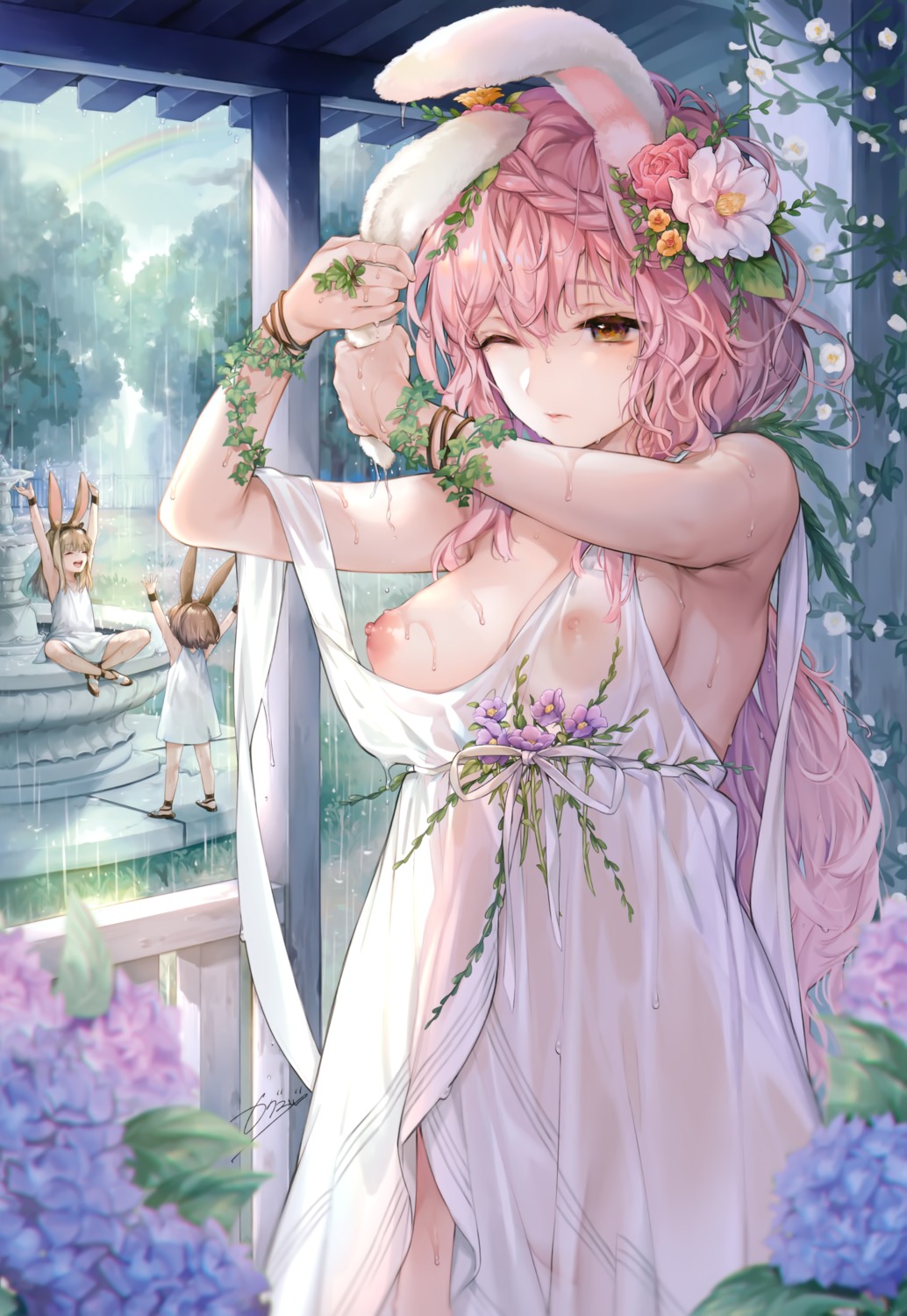 animal_ears bunny_ears dress kaguyuzu nipples no_bra see_through wet_clothes