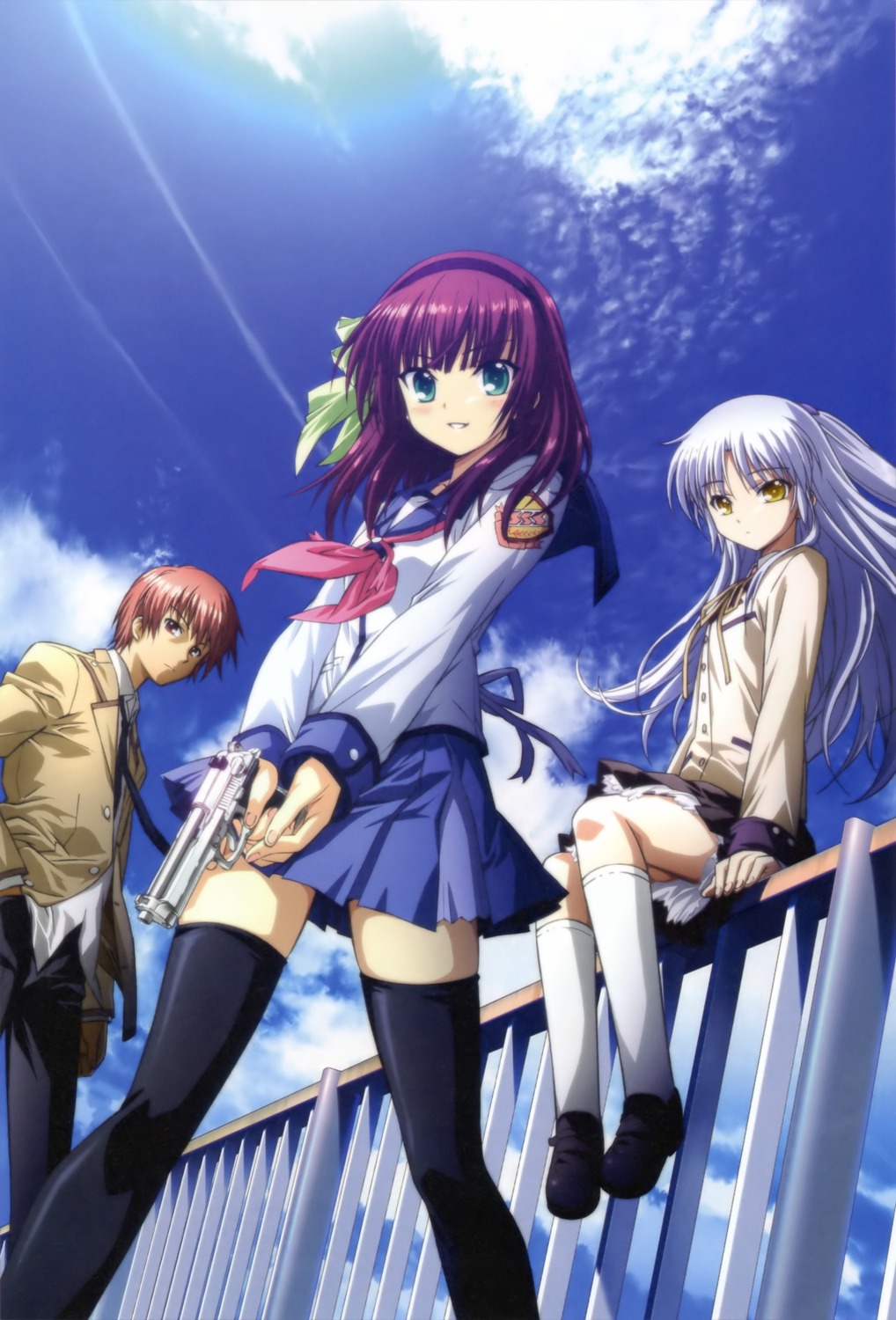 angel_beats! gun hirata_katsuzou nakamura_yuri otonashi_yuzuru paper_texture seifuku tachibana_kanade thighhighs