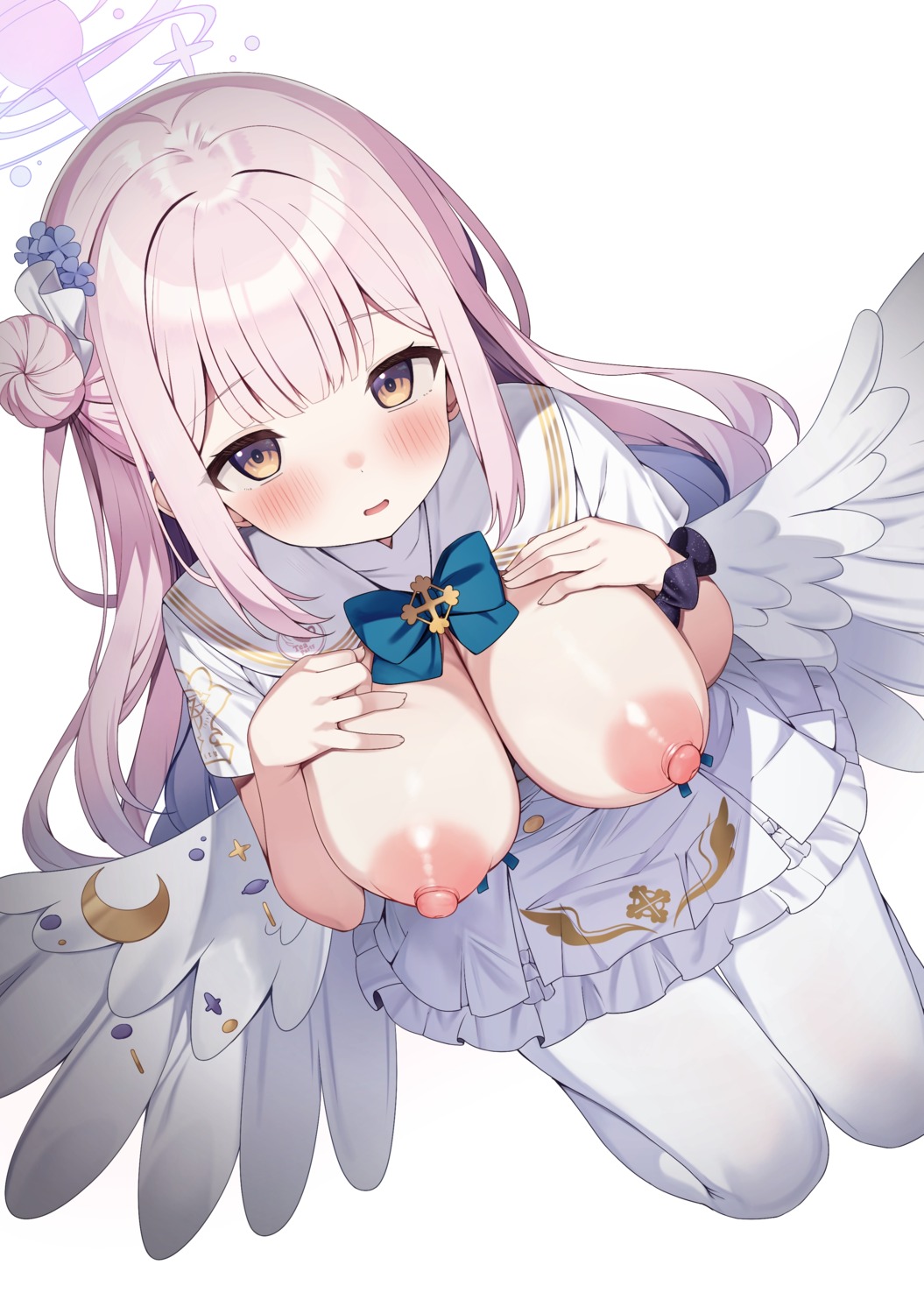 angel blue_archive breasts dress misono_mika nipples no_bra pantyhose ruriruno wings