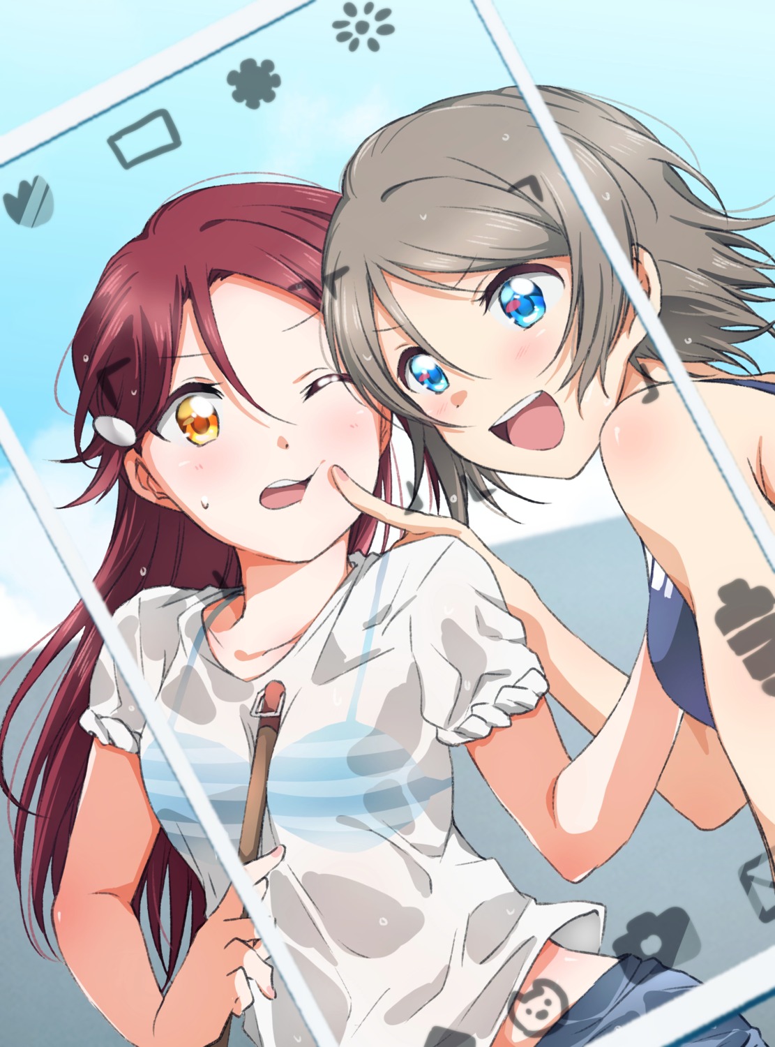 bikini_top love_live!_sunshine!! sakurauchi_riko see_through selfie swimsuits watanabe_you wet_clothes yuchi_(salmon-1000)