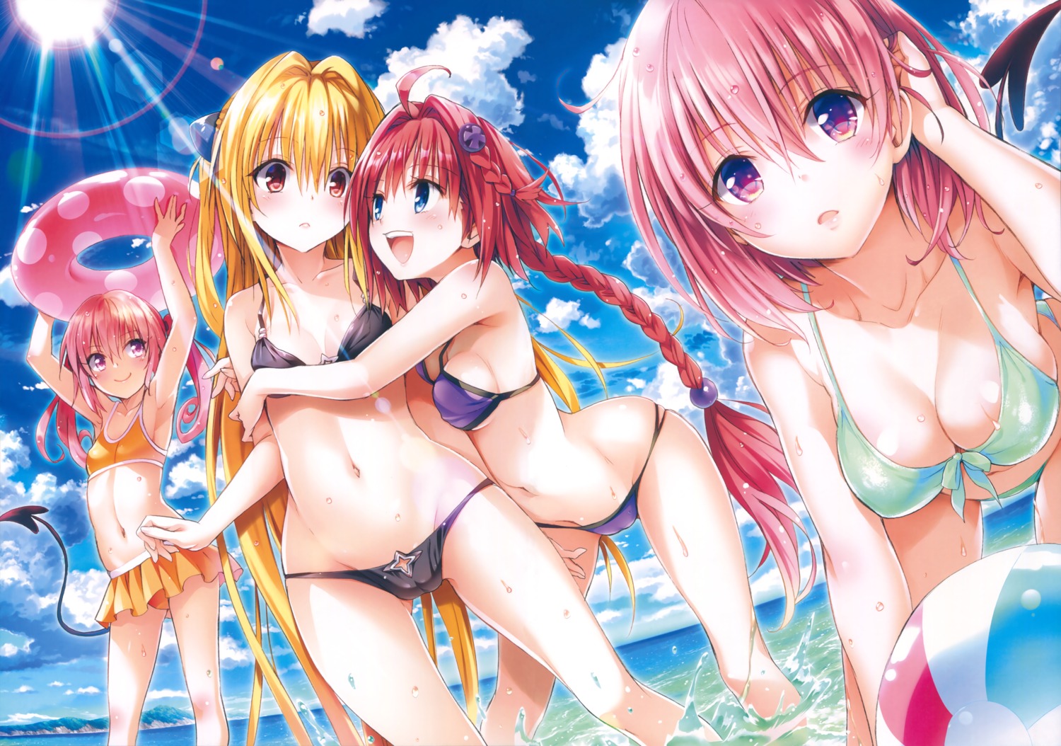 bikini cameltoe cleavage fixed golden_darkness kurosaki_mea momo_velia_deviluke nana_asta_deviluke swimsuits tail to_love_ru to_love_ru_darkness underboob wet yabuki_kentarou