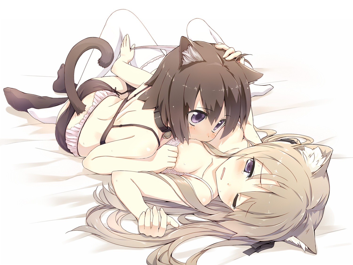 animal_ears bra cleavage garter_belt nekomimi ordan pantsu stockings tail thighhighs wallpaper yuri