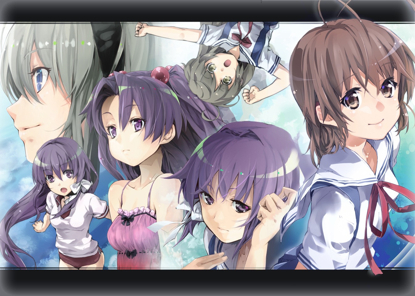 clannad fujibayashi_kyou fujibayashi_ryou furukawa_nagisa gym_uniform ibuki_fuuko ichinose_kotomi seifuku yuugen