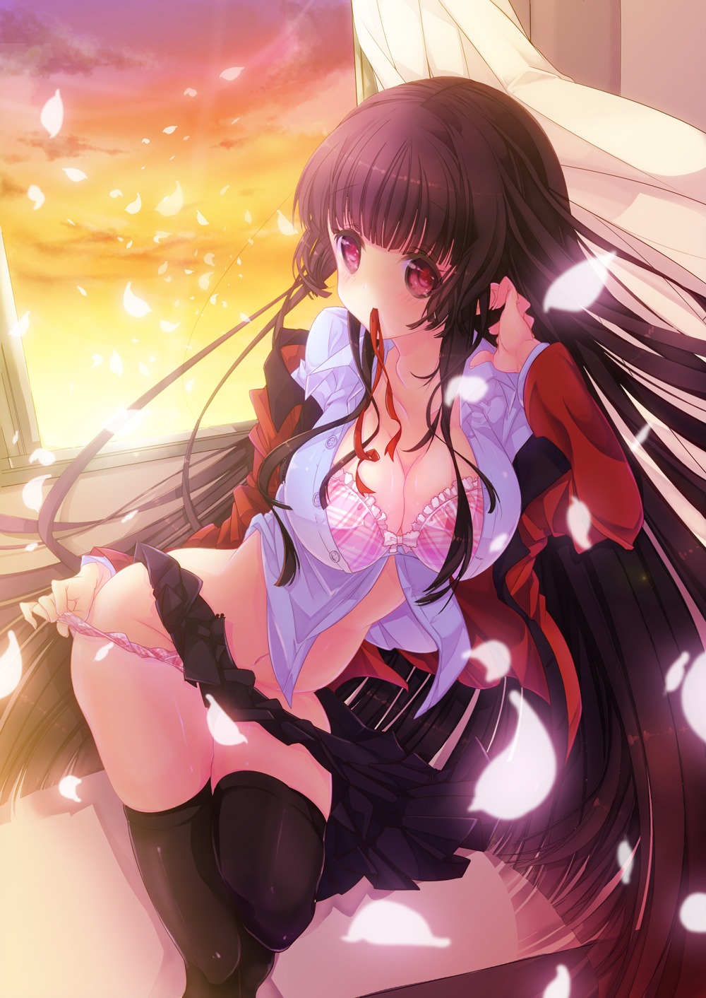 bra cleavage open_shirt pantsu panty_pull pompier seifuku thighhighs