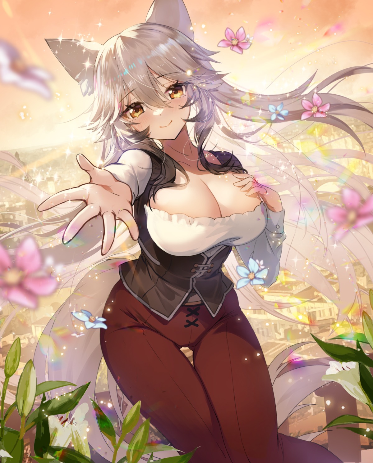 animal_ears apple_caramel breast_hold cleavage no_bra tail