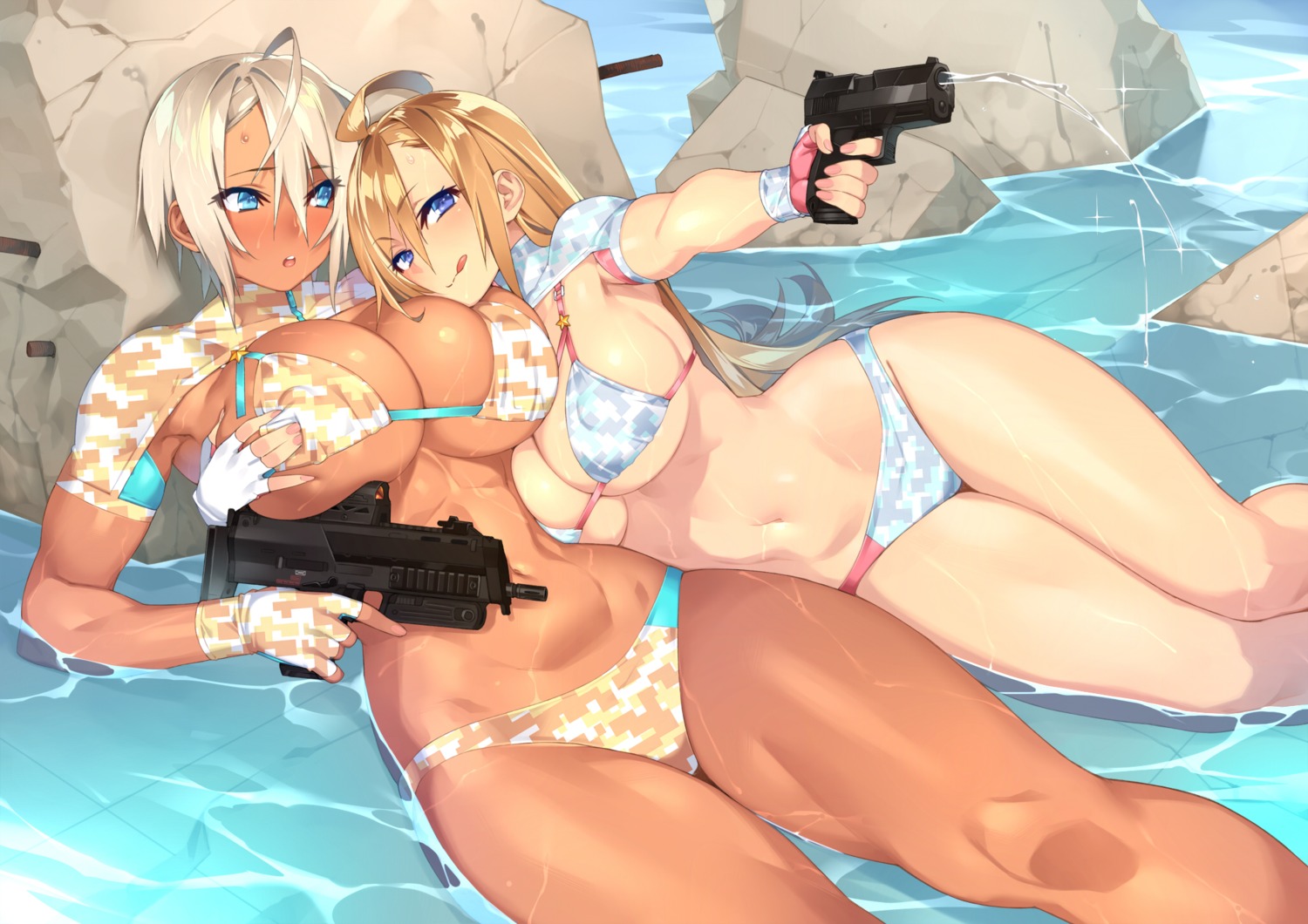 bikini breast_grab erect_nipples gun real_xxiii swimsuits wet yuri