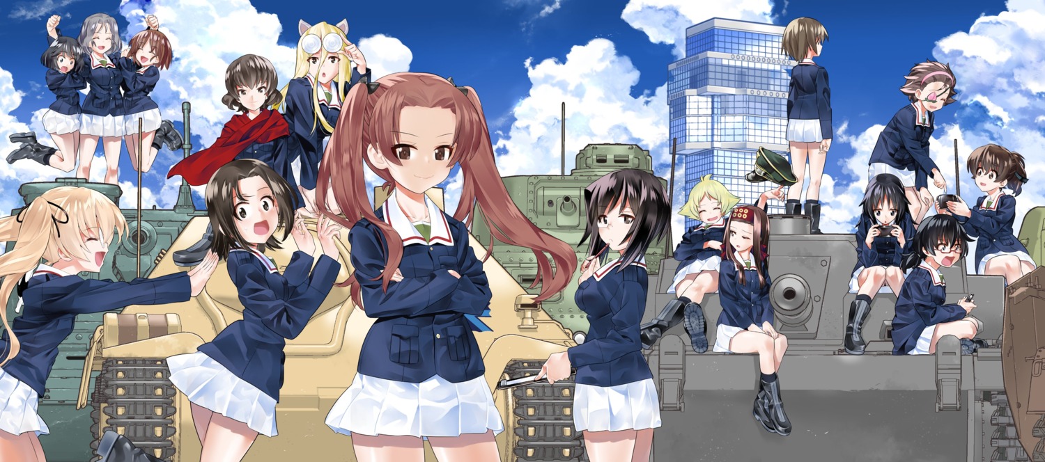 animal_ears caesar eyepatch girls_und_panzer inou_takashi kadotani_anzu kawashima_momo megane nekomimi nekonyaa saemonza skirt_lift uniform