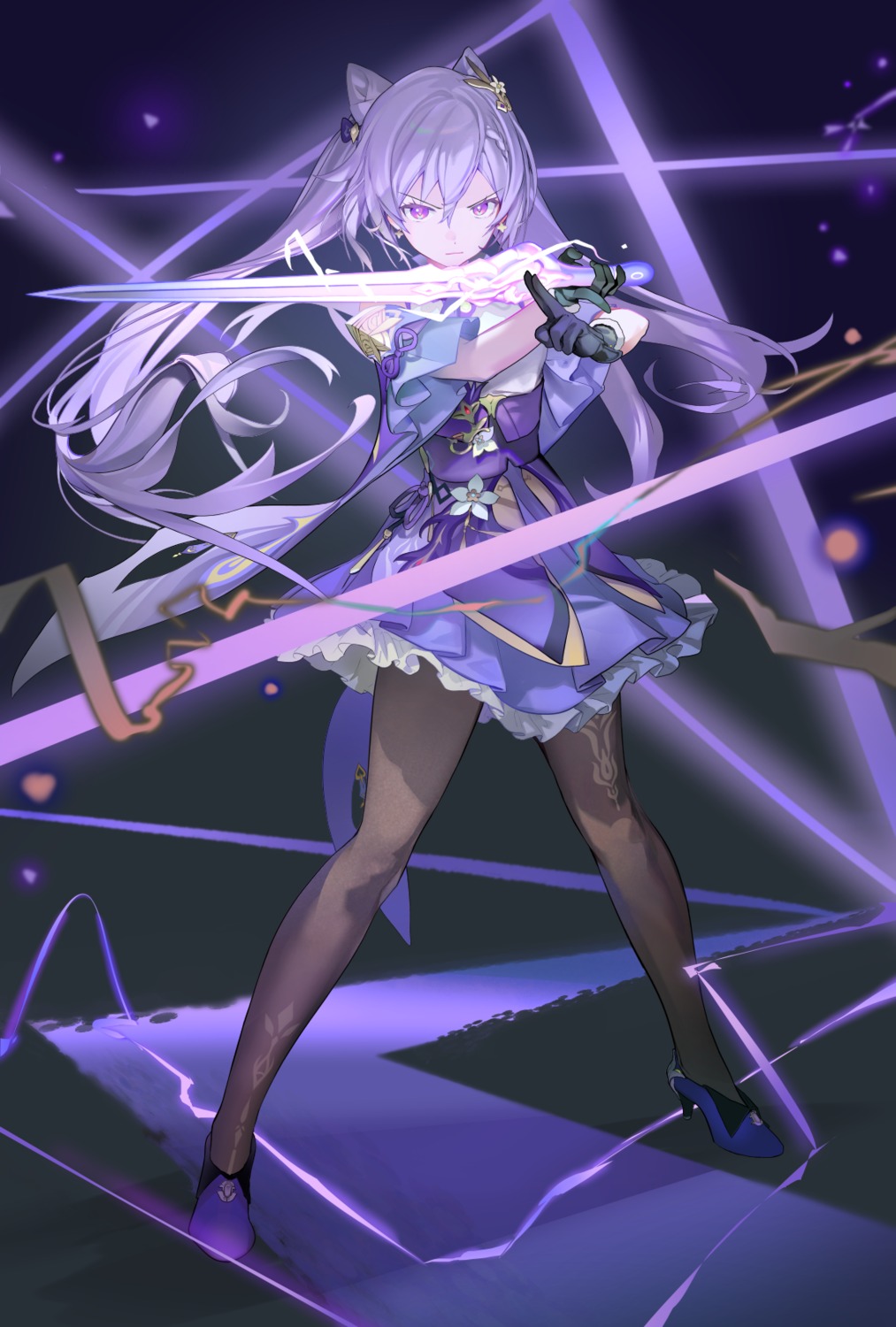 asian_clothes genshin_impact heels keqing leenim pantyhose skirt_lift sword