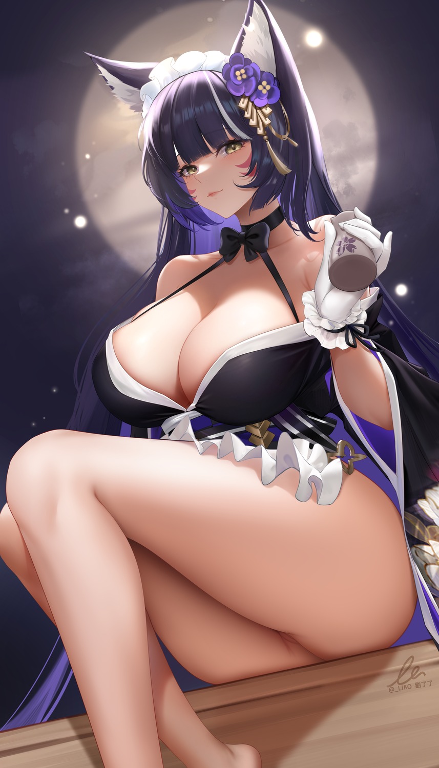 animal_ears azur_lane kitsune liu_liaoliao maid musashi_(azur_lane) no_bra nopan open_shirt pussy skirt_lift uncensored wa_maid