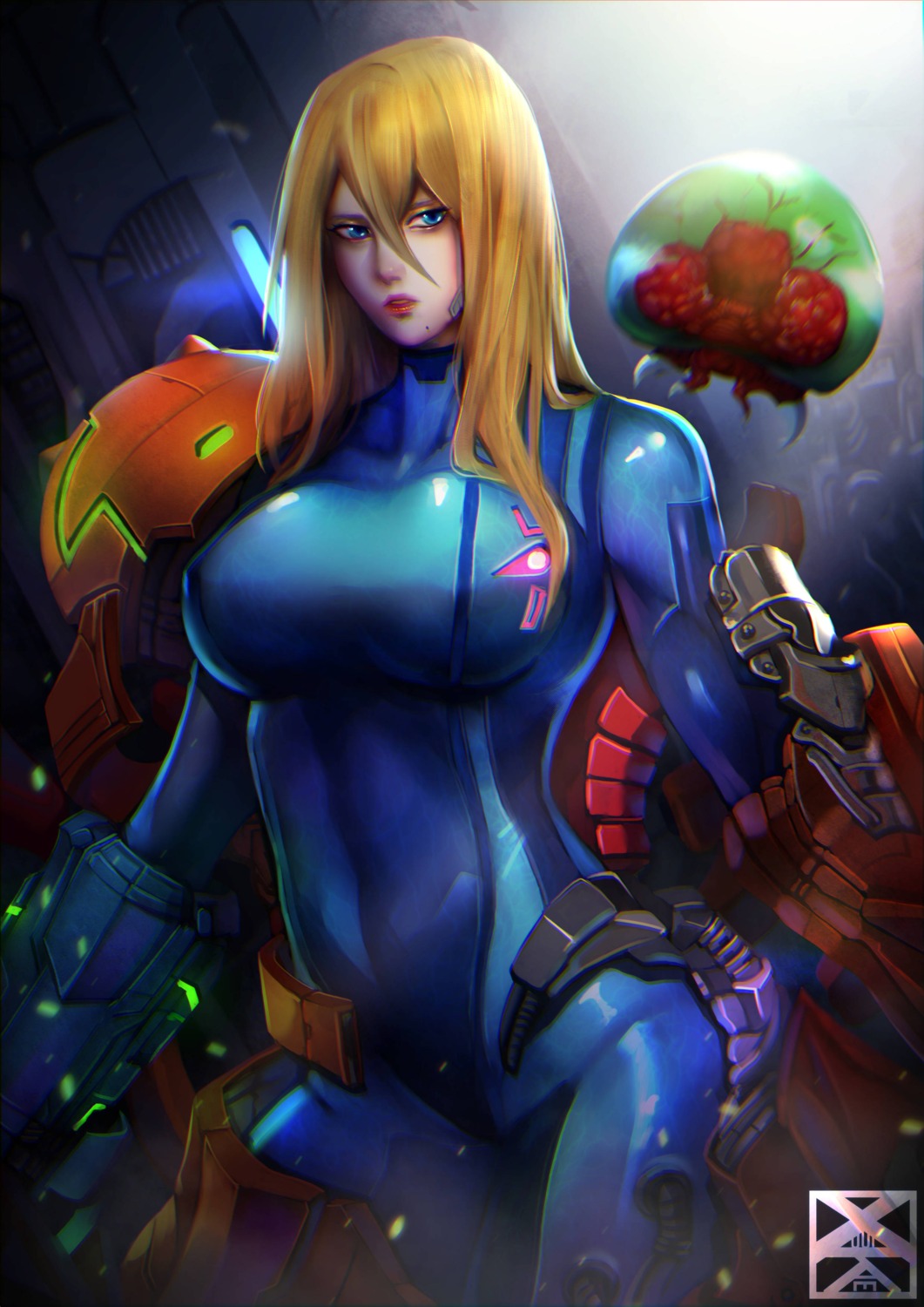 bodysuit metroid samus_aran undressing weapon xuuikie_ashe