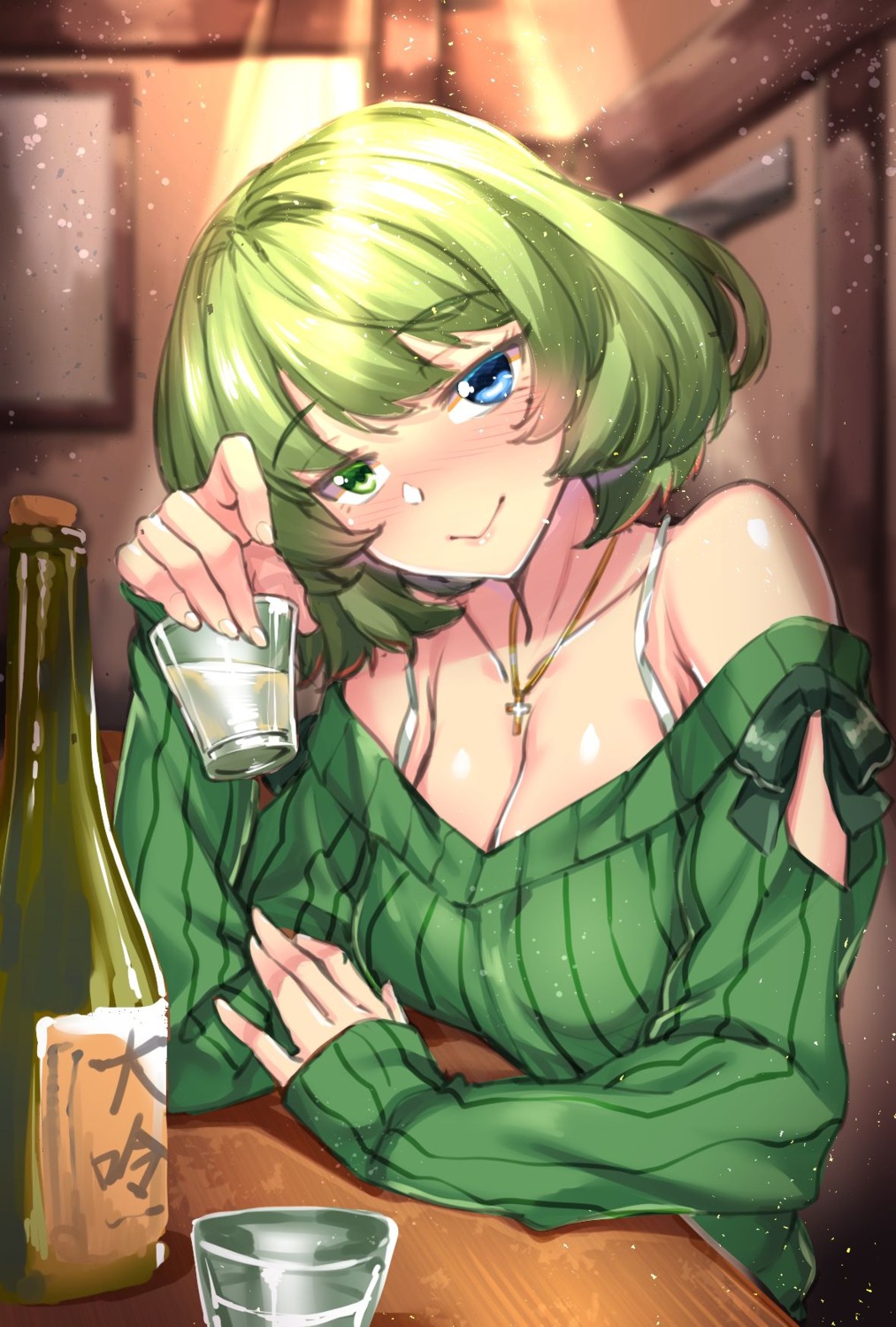 cleavage heterochromia merufena sake sweater takagaki_kaede the_idolm@ster the_idolm@ster_cinderella_girls