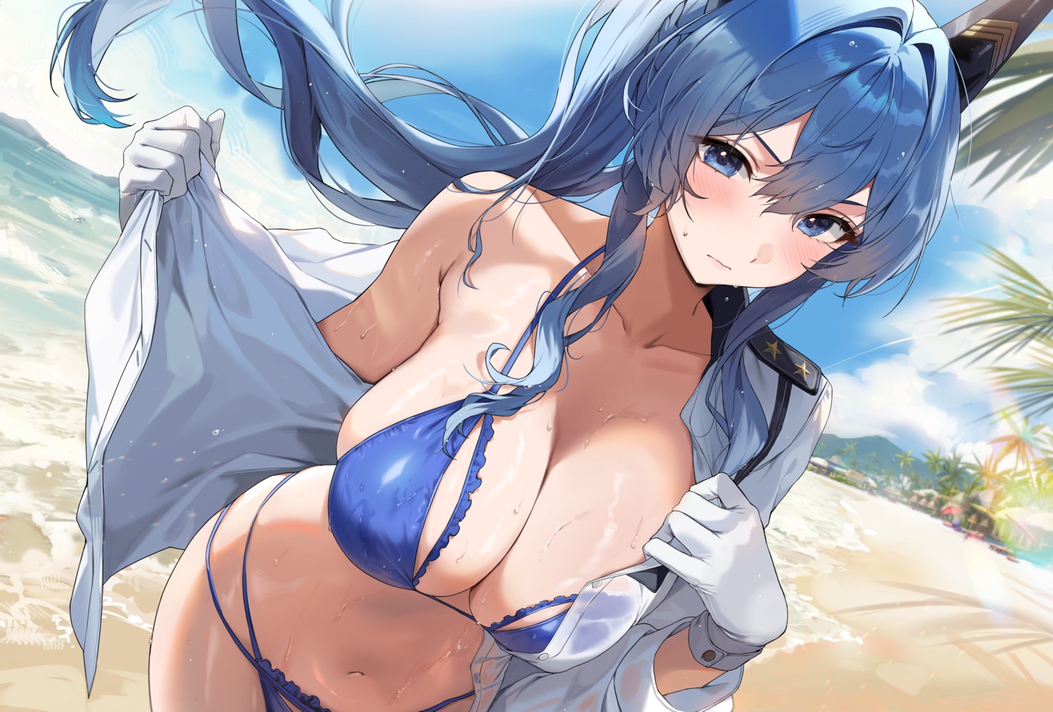 bikini gijang goddess_of_victory:_nikke helm open_shirt see_through swimsuits undressing uniform wet wet_clothes