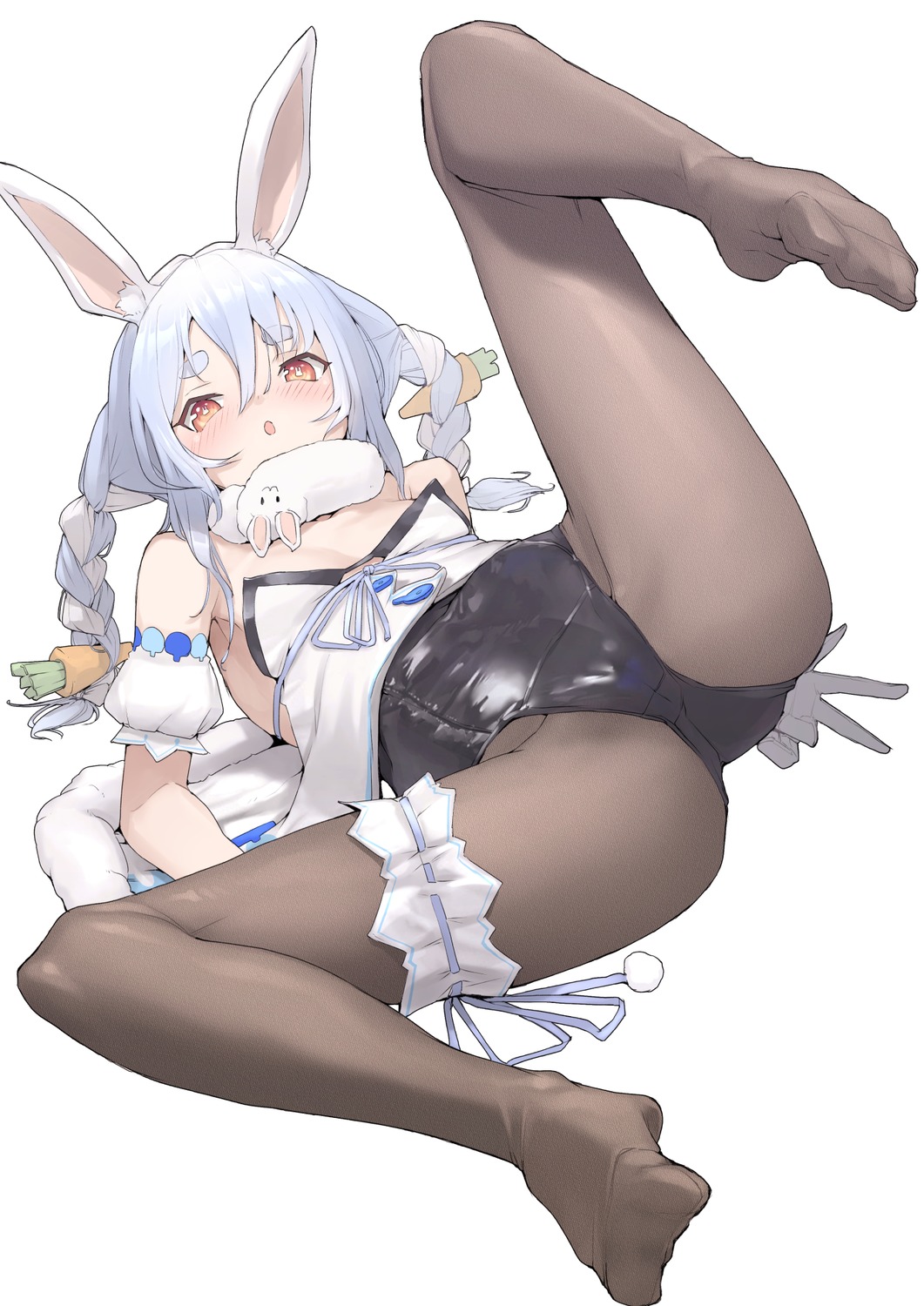 animal_ears bunny_ears bunny_girl dress feet garter hololive mitsuru_(pixiv_34028718) no_bra pantyhose tail usada_pekora