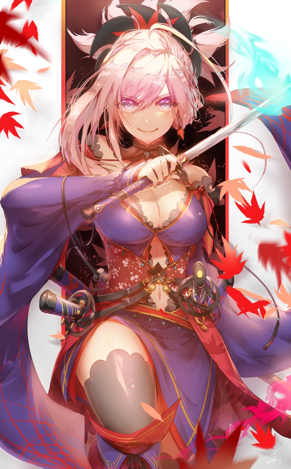 cleavage fate/grand_order japanese_clothes miyamoto_musashi_(fate/grand_order) saihate sword thighhighs