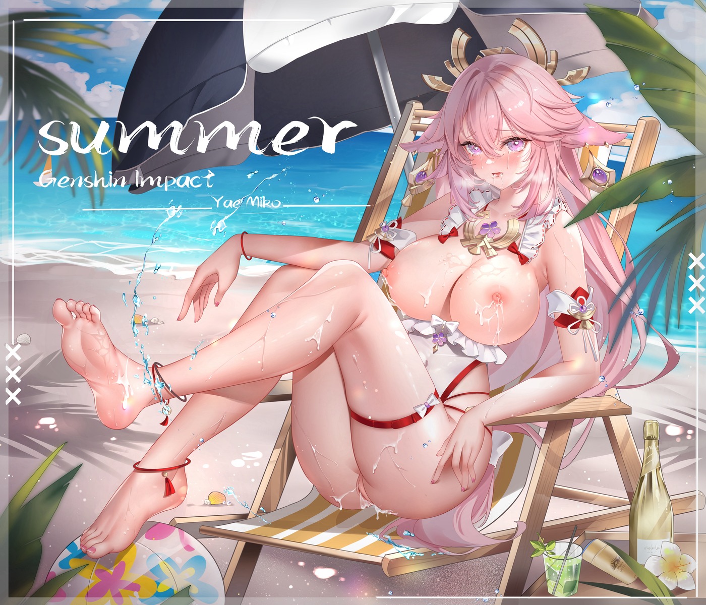 animal_ears bikini breasts cum feet garter genshin_impact kitsune melailai nipples pussy swimsuits uncensored yae_miko