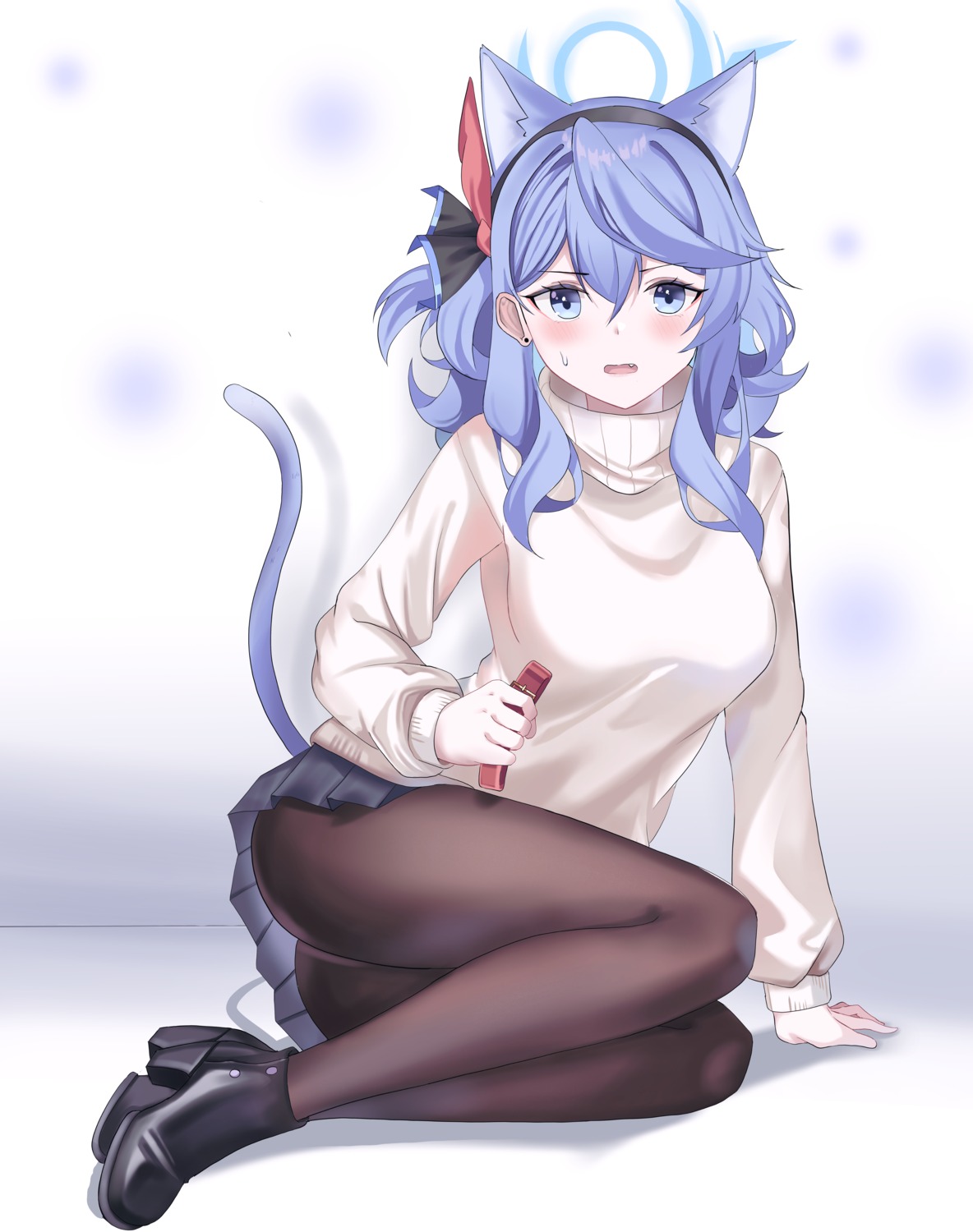 amau_ako animal_ears blue_archive cake_walker halo heels nekomimi pantyhose skirt_lift sweater tail