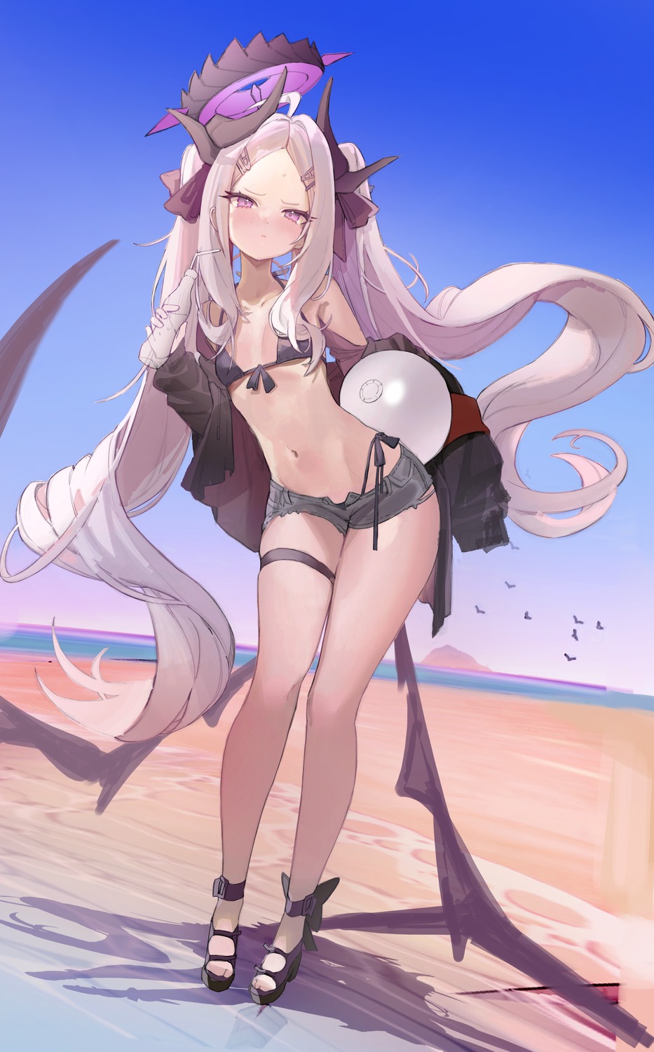 bikini blue_archive devil freng garter halo heels horns open_shirt sorasaki_hina swimsuits wings