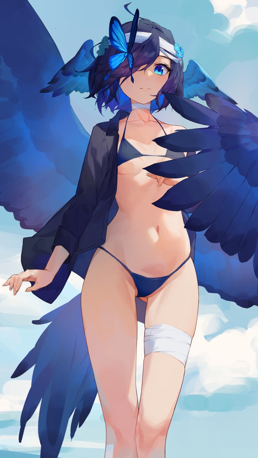 bandages bikini open_shirt ren_huozhe swimsuits tail wings