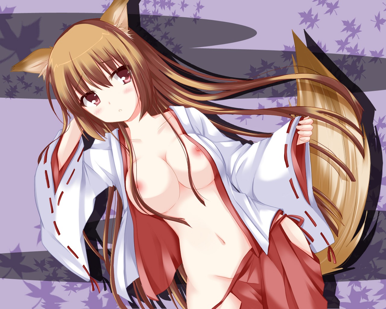 animal_ears breasts kitsune miko nipples no_bra nopan open_shirt tagme tail wallpaper