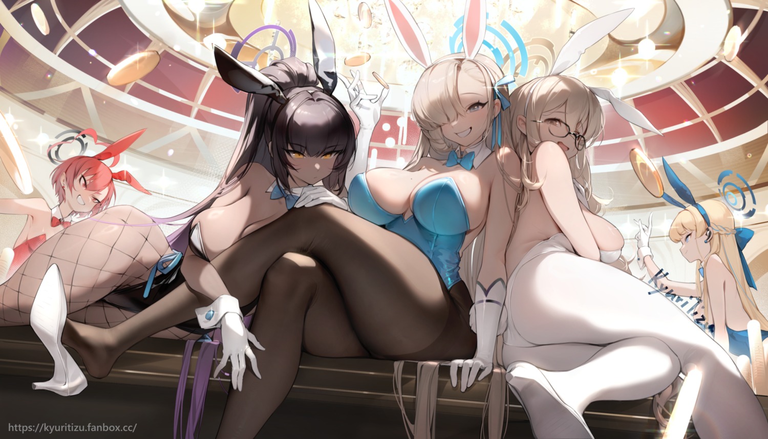 animal_ears asuma_toki blue_archive bunny_ears bunny_girl fishnets halo heels ichinose_asuna kakudate_karin kyuri_tizu megane mikamo_neru murokasa_akane no_bra pantyhose