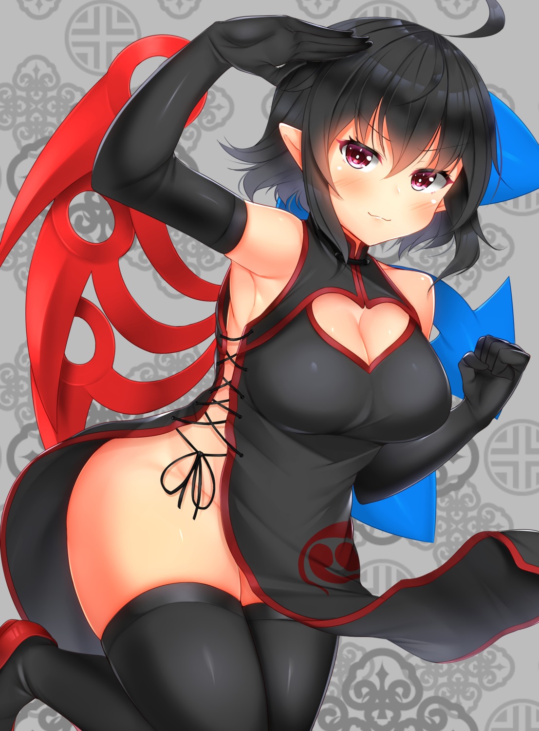 chinadress cleavage houjuu_nue nopan pointy_ears skirt_lift thighhighs tokoya_(ex-hetare) touhou