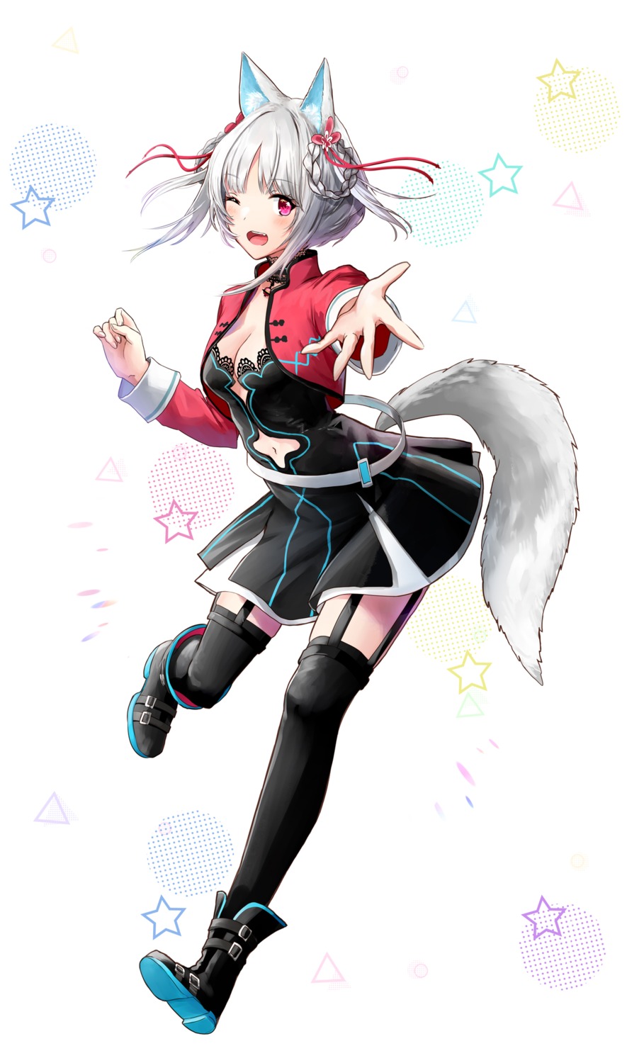 animal_ears cleavage skirt_lift stockings tail thighhighs