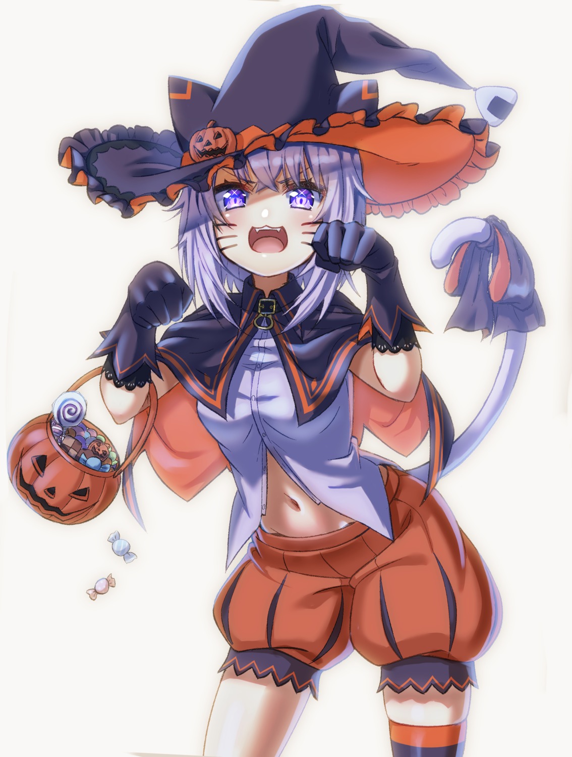 animal_ears calzooone halloween hololive hololive_gamers nekomata_okayu nekomimi tail thighhighs witch