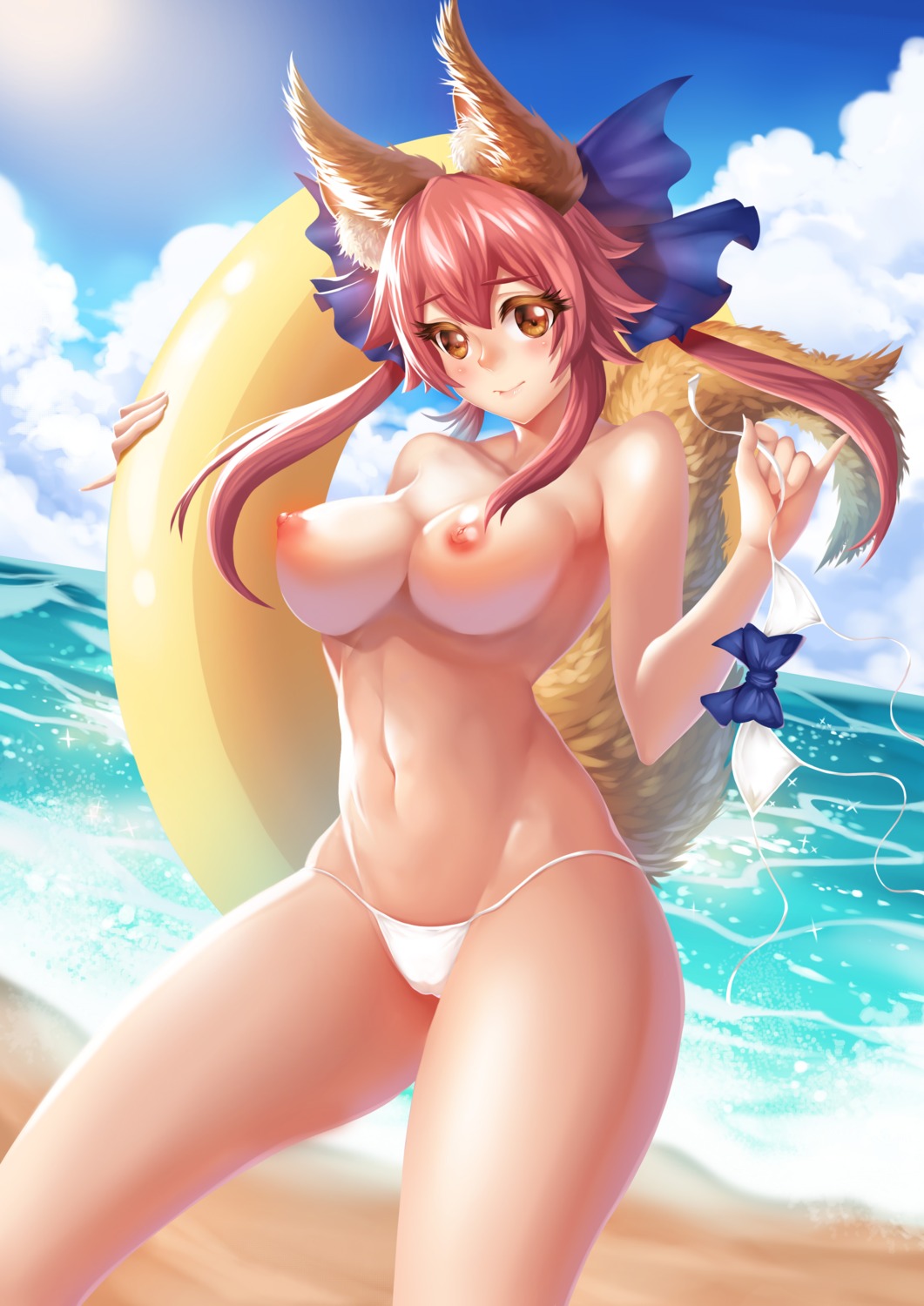 animal_ears bikini cameltoe fate/extra fate/grand_order fate/stay_night kitsune nekosama_shugyouchuu nipples swimsuits tail tamamo_no_mae topless