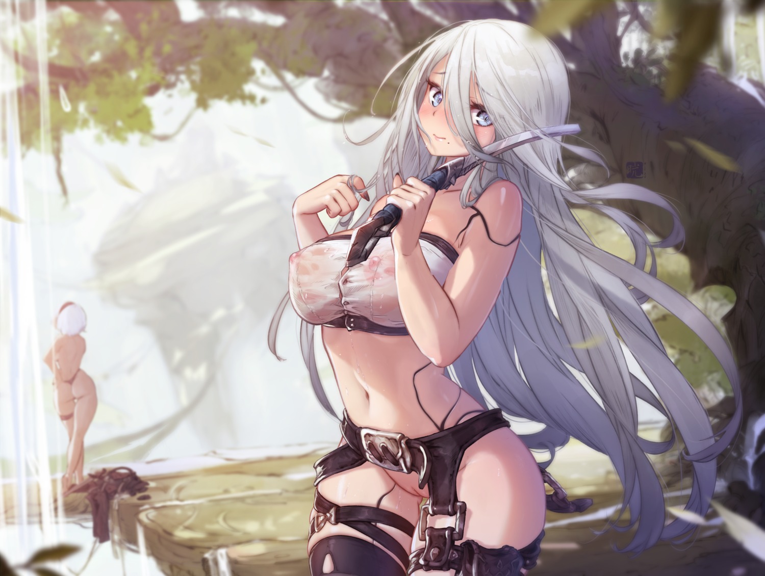 ass bottomless garter mecha_musume mitsu_(mitsu_art) nier nier_automata nipples no_bra pantsu pussy see_through thighhighs thong topless uncensored weapon wet_clothes yorha_no.2_type_b yorha_type_a_no.2