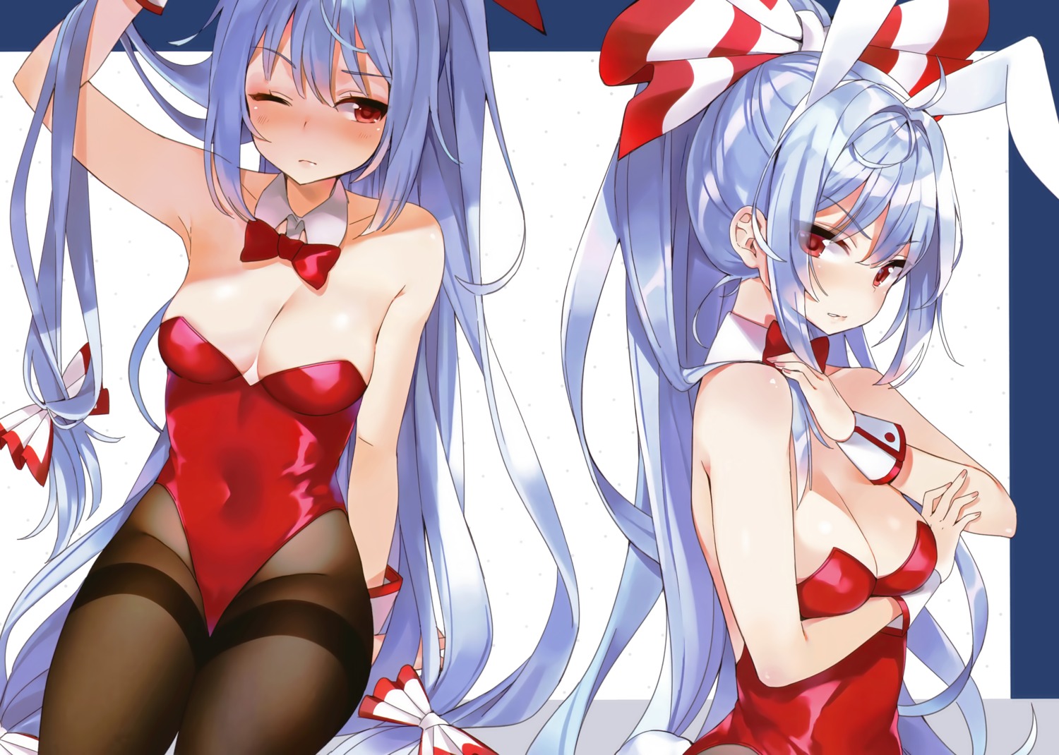 animal_ears breast_hold bunny_ears bunny_girl fujiwara_no_mokou mirei no_bra pantyhose see_through tail touhou