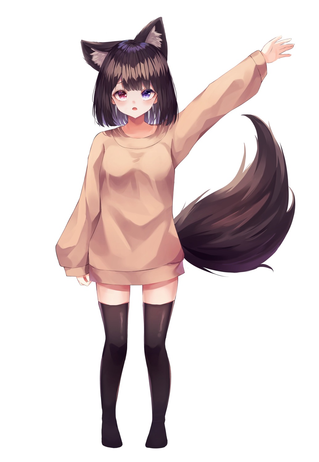 animal_ears dress heterochromia shiro_(acad1213) sweater tail thighhighs