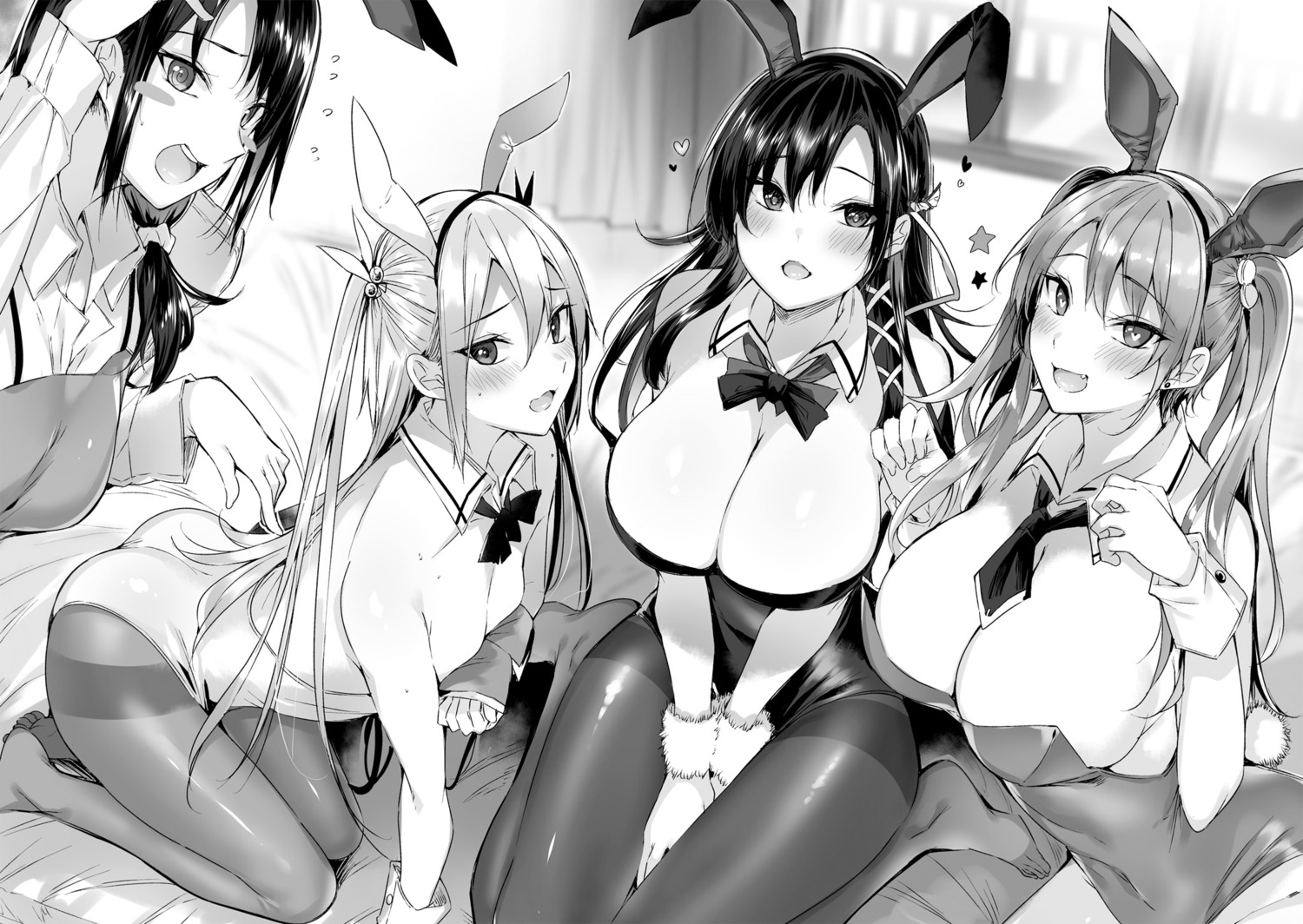 animal_ears breasts bunny_ears bunny_girl cleavage himekami_lizel kakao koiwai_reina maou_gakuen_no_hangyakusha monochrome morioka_sakura no_bra yuugaoze_miyabi