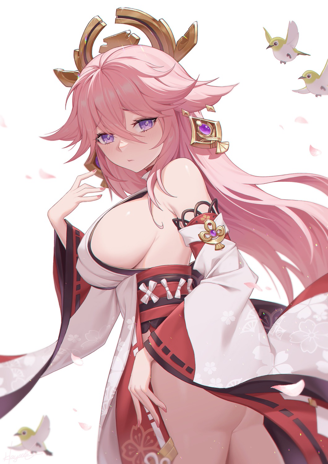 animal_ears genshin_impact japanese_clothes kitsune leaf98k no_bra nopan yae_miko