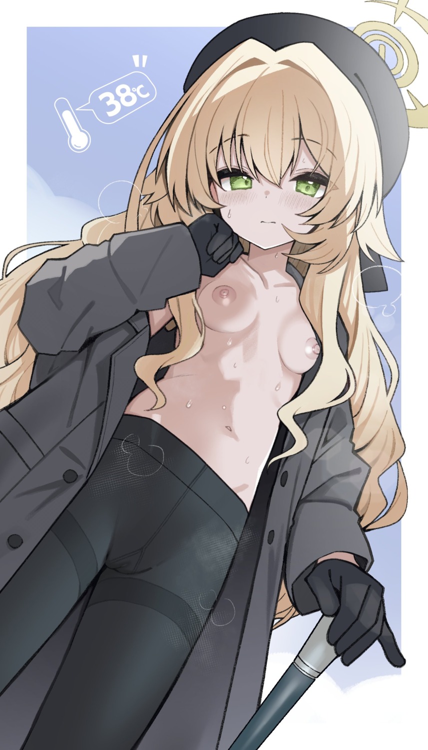 blue_archive breasts halo izuoku loli nipples no_bra nopan open_shirt pantyhose professor_niyaniya pussy see_through uncensored wet