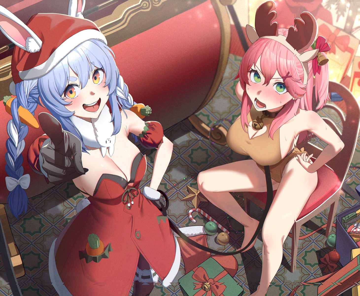 animal_ears bunny_ears christmas dress garter hololive horns jiki_(gkdlfnzo1245) leotard no_bra pantyhose sakura_miko tail usada_pekora