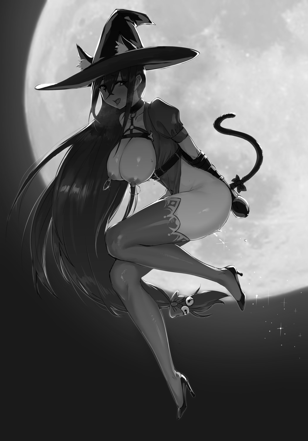 animal_ears bondage breasts halloween heels monochrome nekomimi nipples no_bra nopan tail thighhighs witch