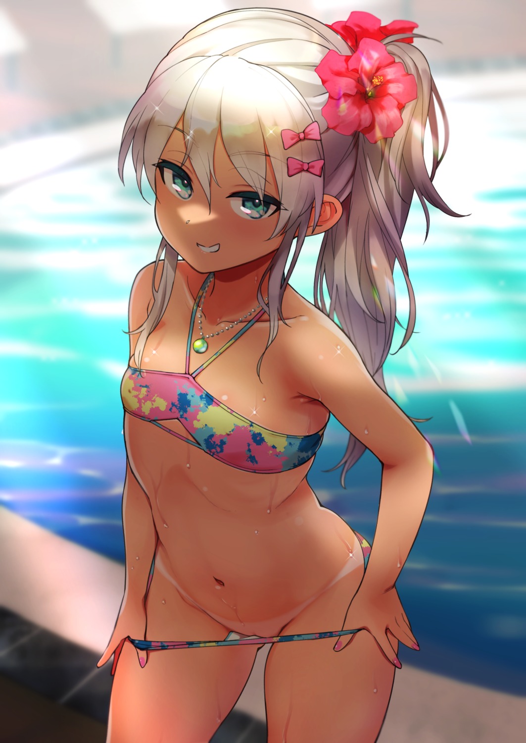 bikini grecale_(kancolle) kantai_collection loli panty_pull rampage_2nd swimsuits tan_lines undressing