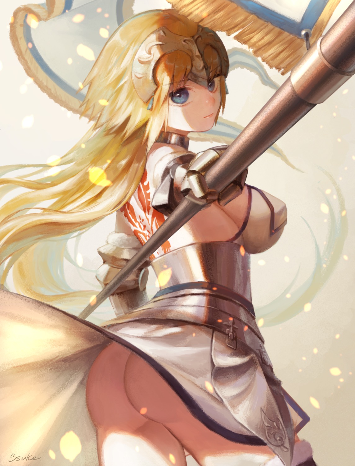 armor ass fate/grand_order jeanne_d'arc jeanne_d'arc_(fate) no_bra nopan skirt_lift tattoo thighhighs u_skeeep