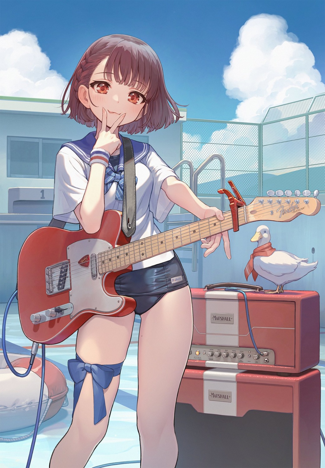 garter guitar kurobuta_gekkan school_swimsuit seifuku swimsuits