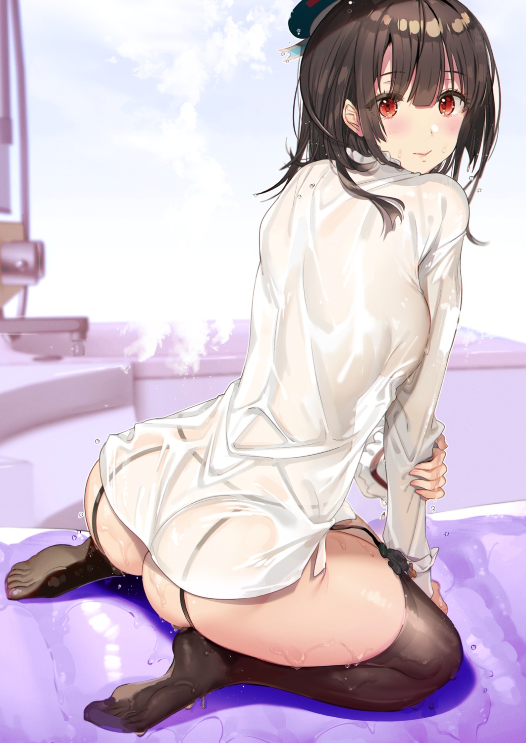 ass bottomless dress_shirt feet garter_belt hayakawa_akari kantai_collection no_bra see_through stockings takao_(kancolle) thighhighs wet wet_clothes