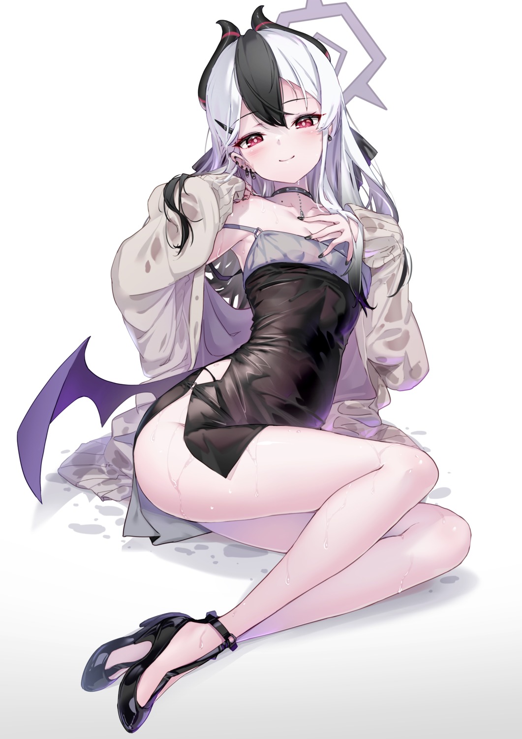 blue_archive devil dress halo heels hong_(white_spider) horns no_bra onikata_kayoko sweater wet wet_clothes wings