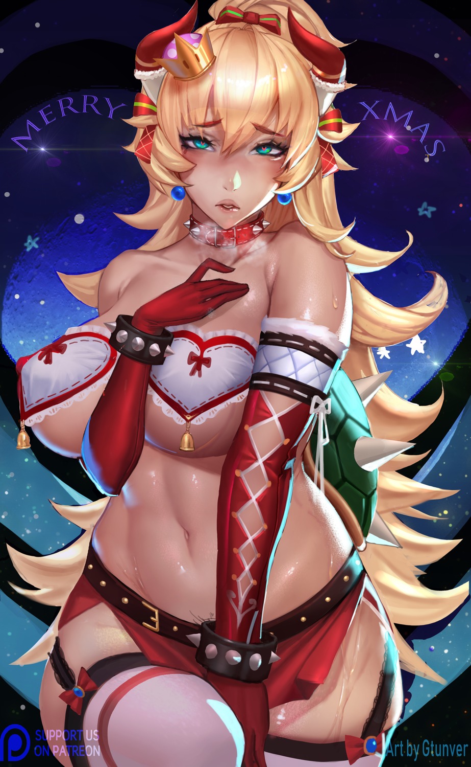 bowsette bra breast_hold christmas gtunver horns new_super_mario_bros._u_deluxe stockings thighhighs