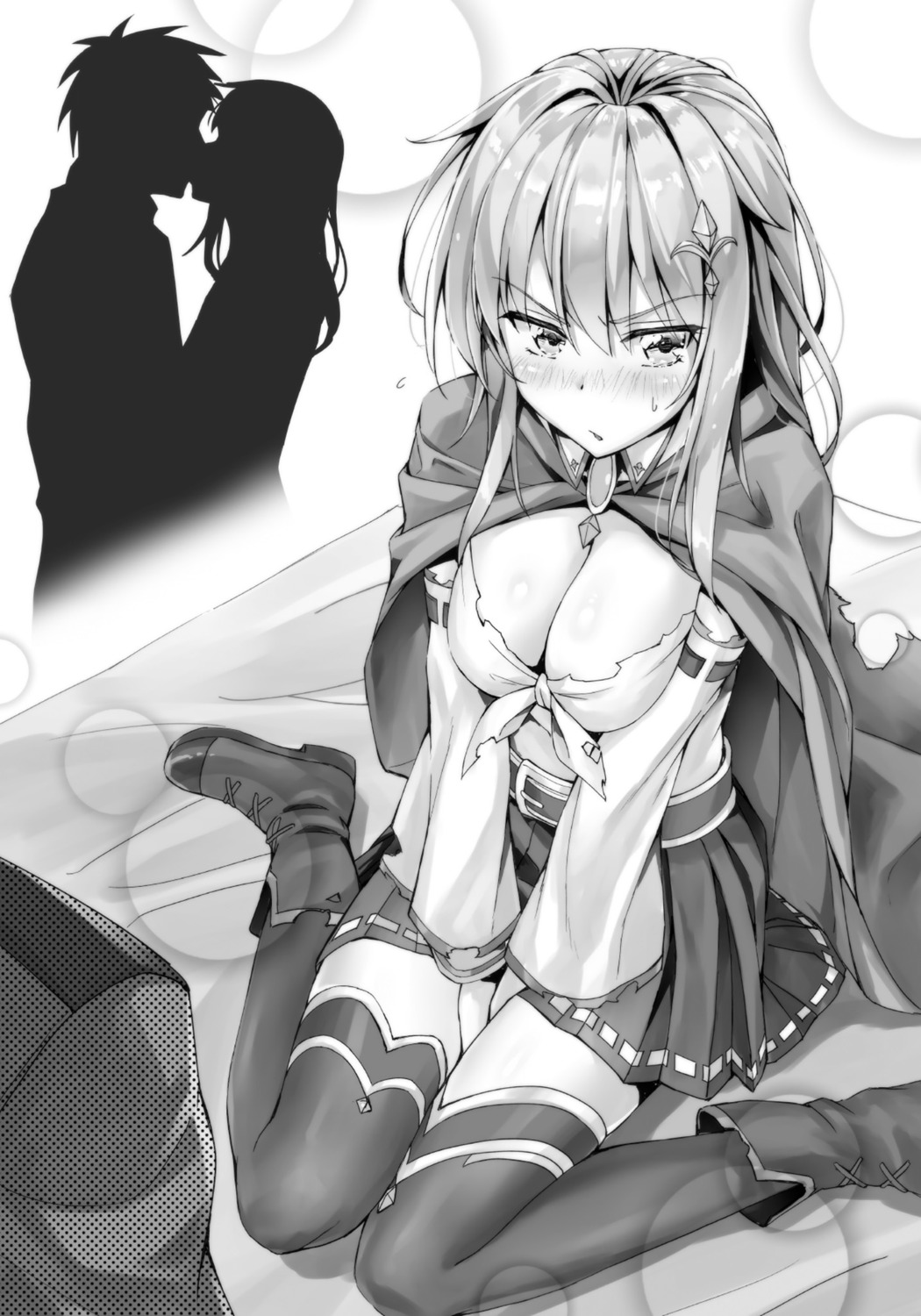 breast_hold cleavage heels kotatsu_(kotatsu358) monochrome thighhighs torn_clothes