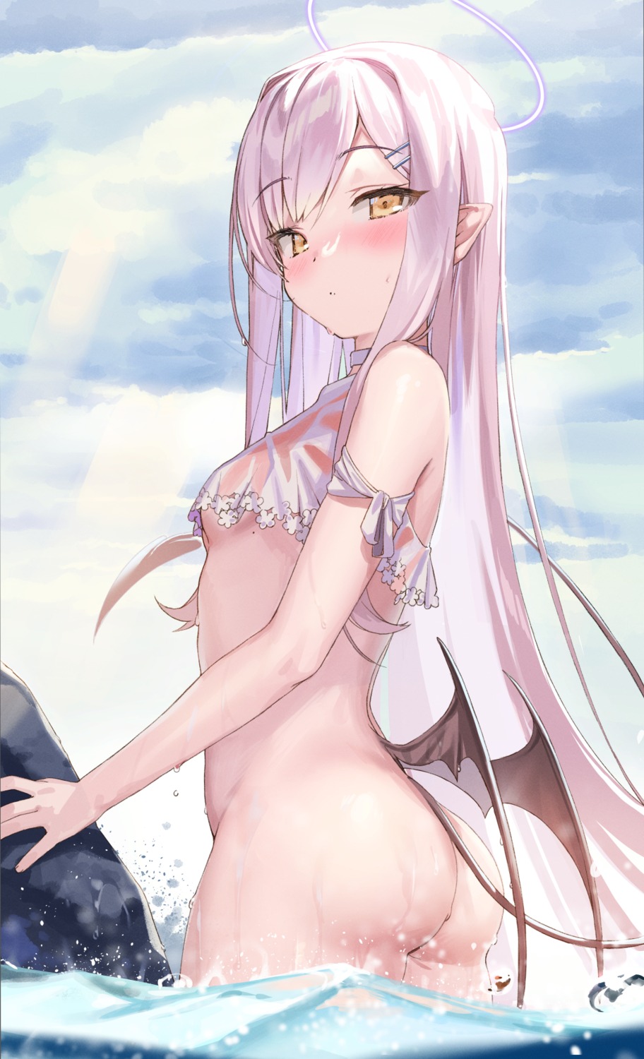 ass bottomless kanzarin no_bra pointy_ears see_through tail wet wet_clothes wings