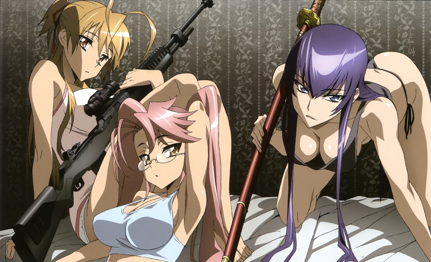 busujima_saeko cleavage gun highschool_of_the_dead megane miyamoto_rei pantsu string_panties sword takagi_saya tanaka_masayoshi